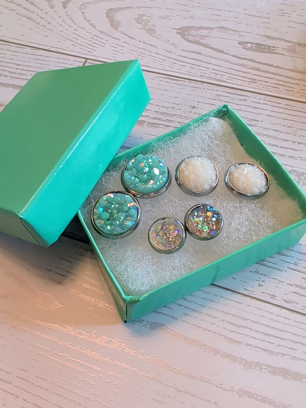Aqua, Iridescent and White Druzy Stud Earring Set